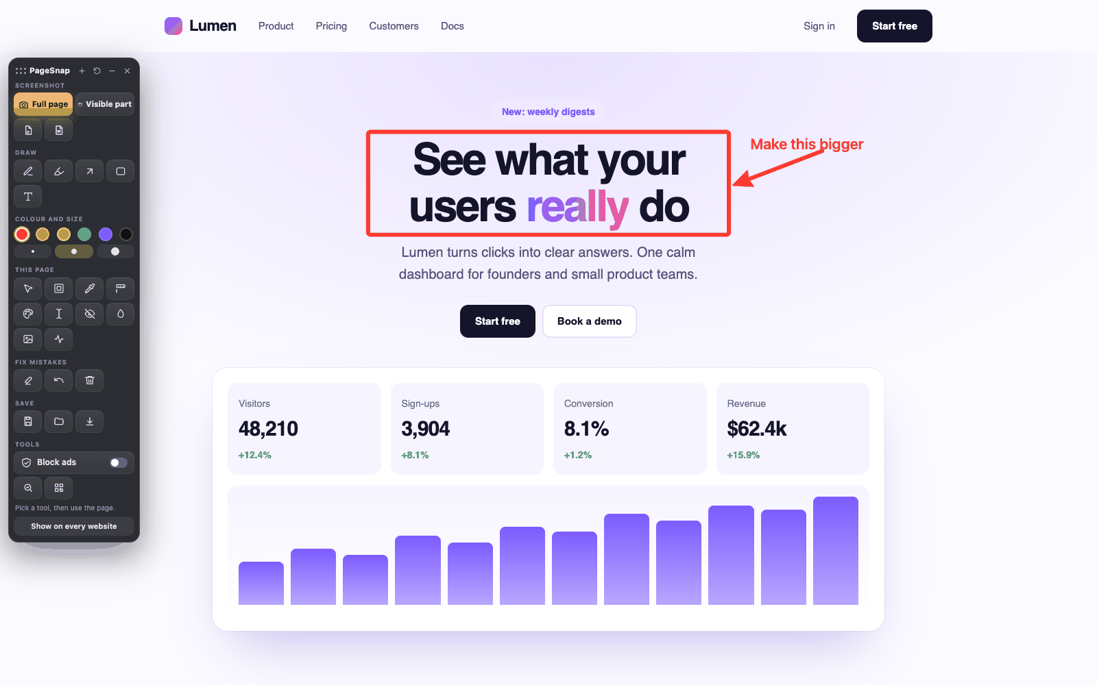 شريط أدوات PageSnap على موقع مع صندوق وسهم وملاحظة مكتوبة مرسومة على الصفحة