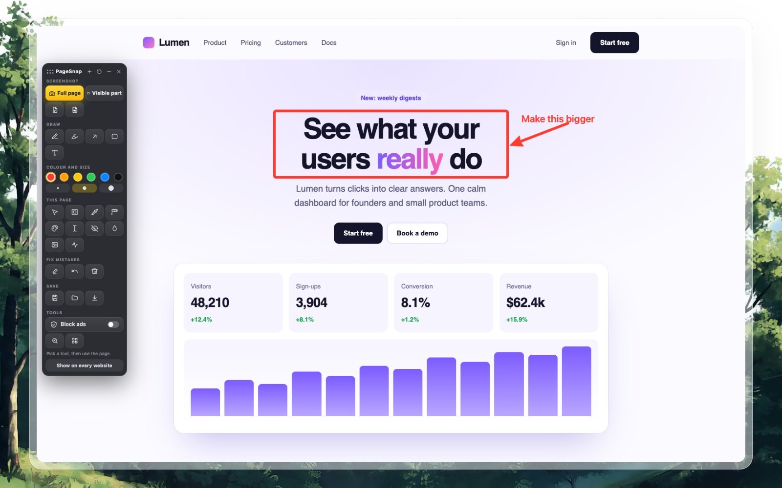 웹사이트에 상자, 화살표, 입력한 메모가 그려진 PageSnap 도구 막대